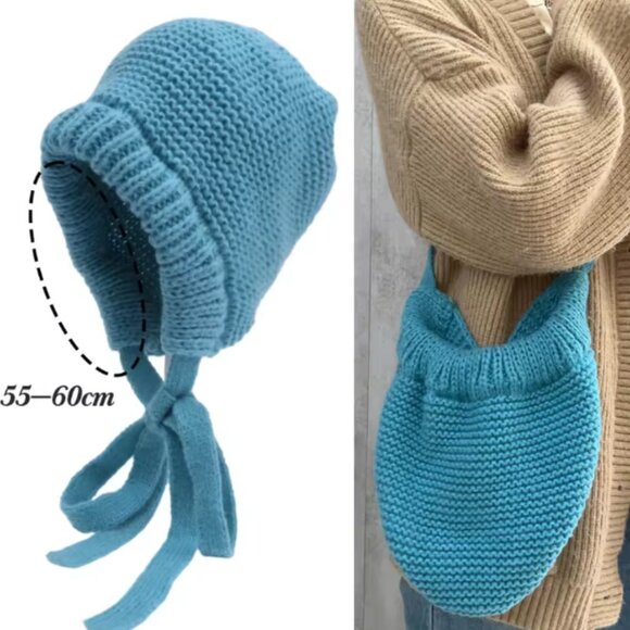Blue Knit Balaclava Hood Soft Winter Bonnet Hat with Ties Cozy Women’s Warm Knit - Picture 8 of 8